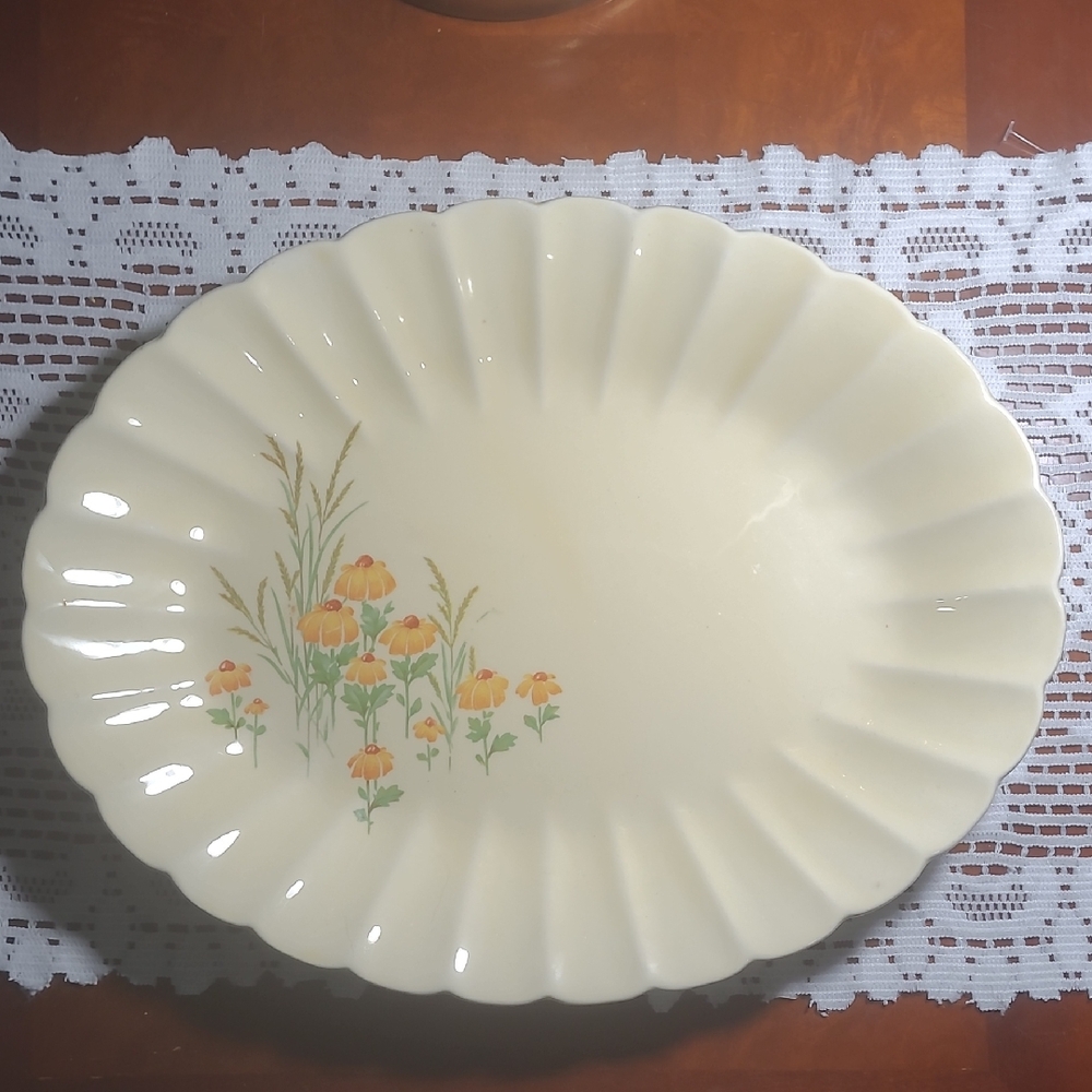 Floral Scalloped Uranium Glaze Oval Platter
